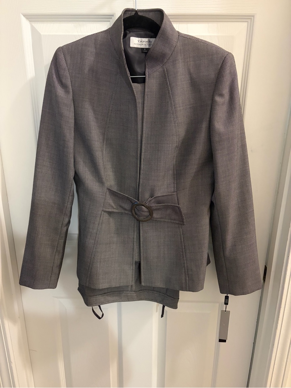 Tahari Charcoal Textured Belted Two Piece Pantsuit